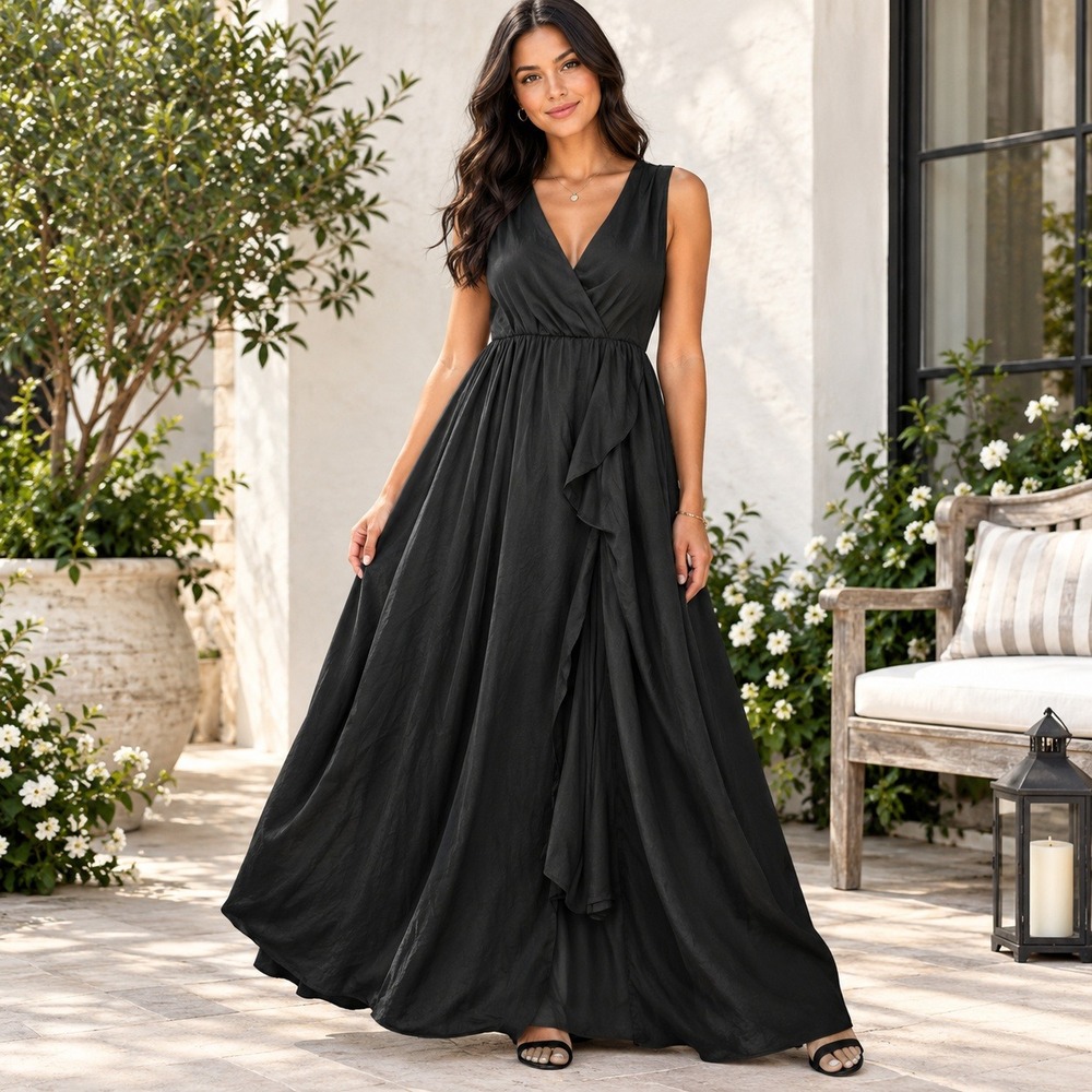 Tootang Stylewe Black Sleeveless V-Neck Maxi Dress Ruffle Slit Formal Gown XL